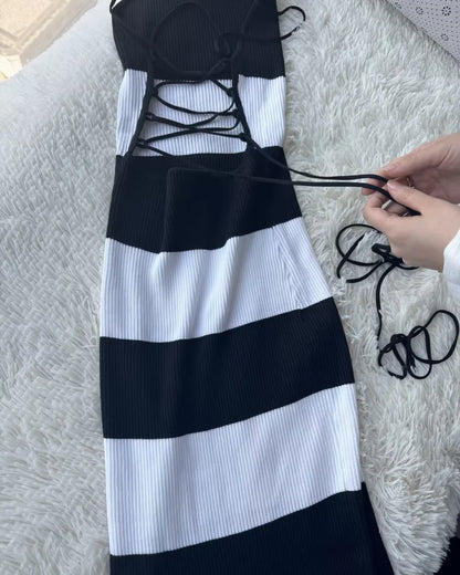 Striped Sexy Backpack Hip Jumpsuit Bodycon Dress